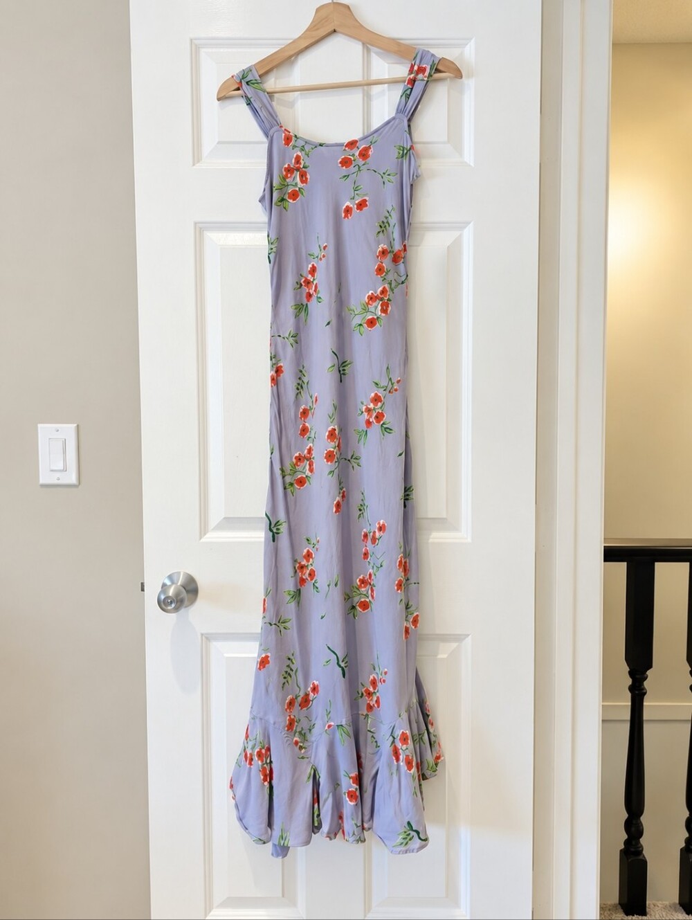 Vintage 90s Floral Slip Maxi Dress Ruffle Hem Blue Cottagecore Fairy Coquette S